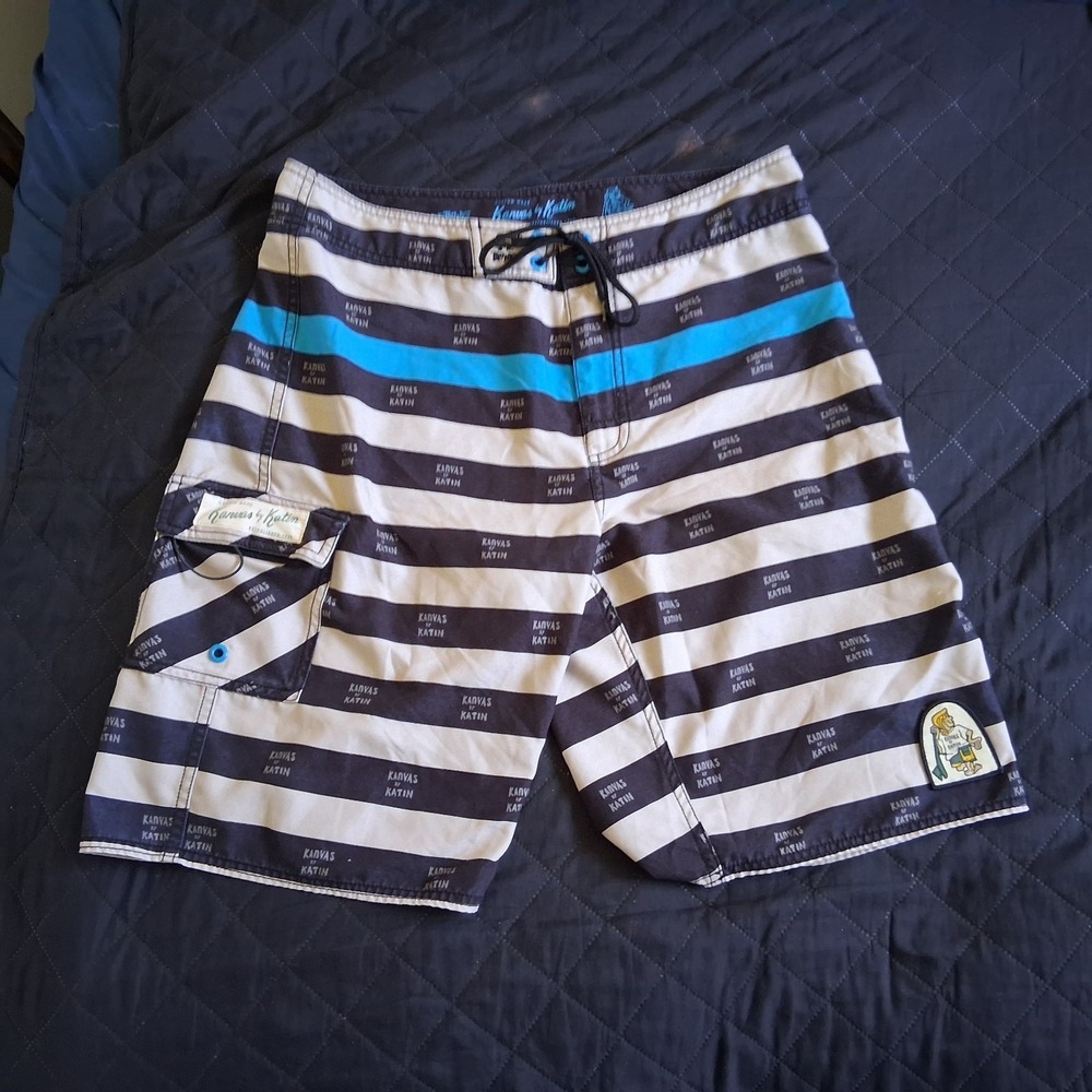 Kanvas by Katin Board Shorts Mens 32 X !0" Custom All Over Print Logo Blue White